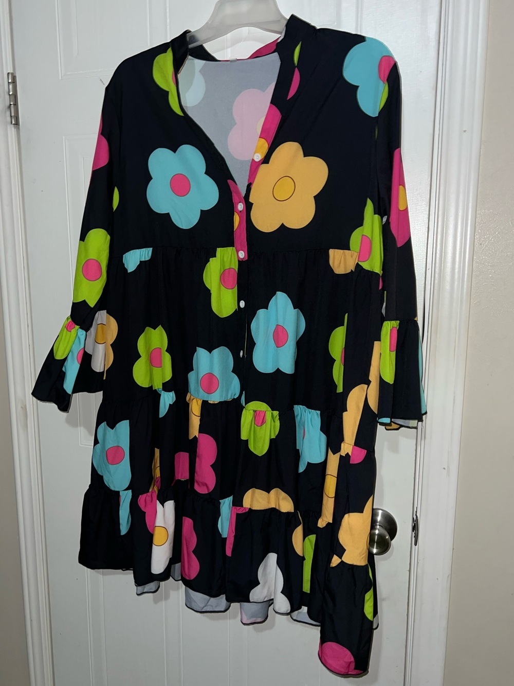 Women’s Black Floral Mini Dress with Bright Multicolor Flowers Shirt Top
